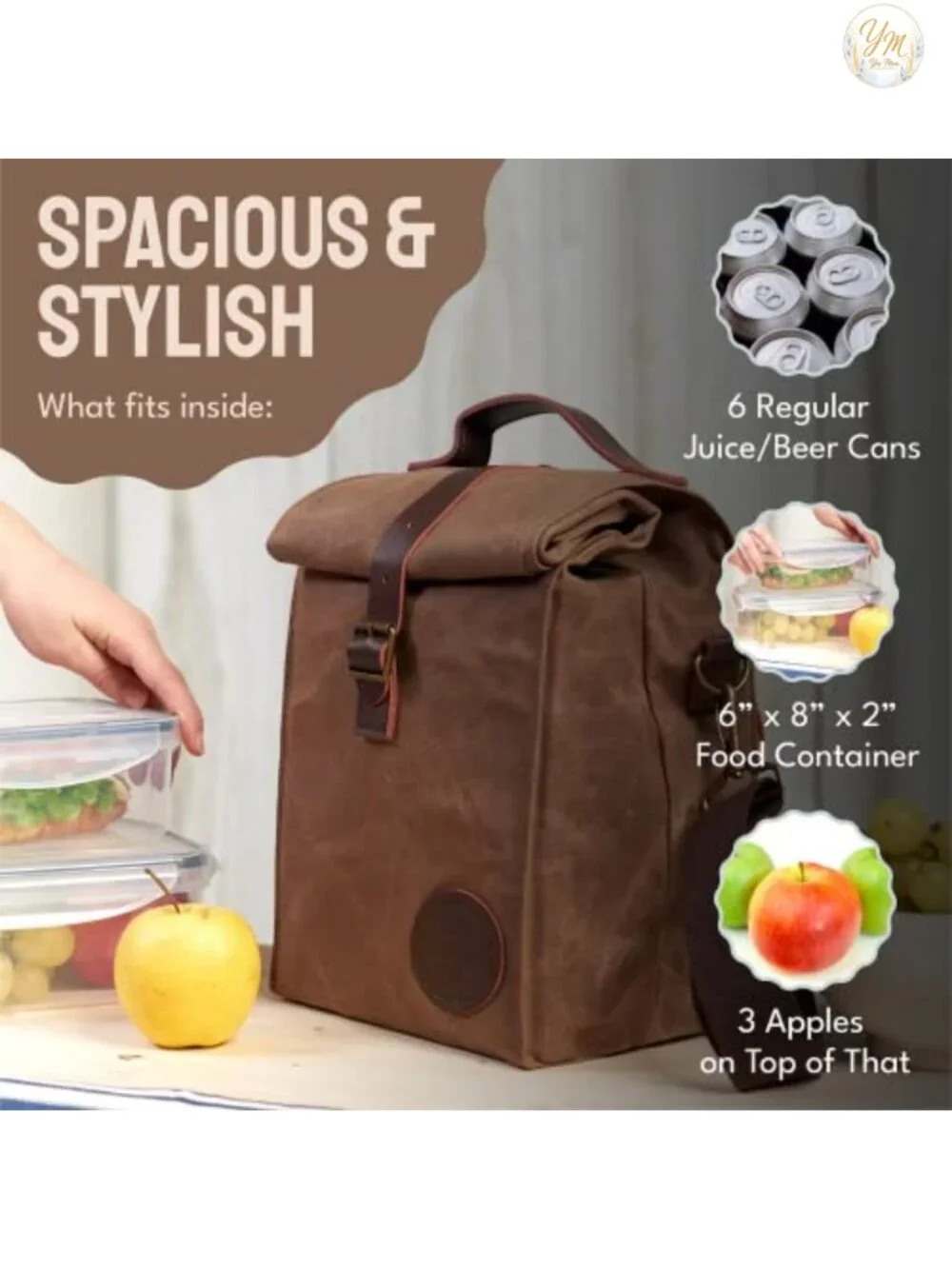 Waxed Canvas Insulated Lunch Bag 10L with Leather Details & Adjustable Shoulder